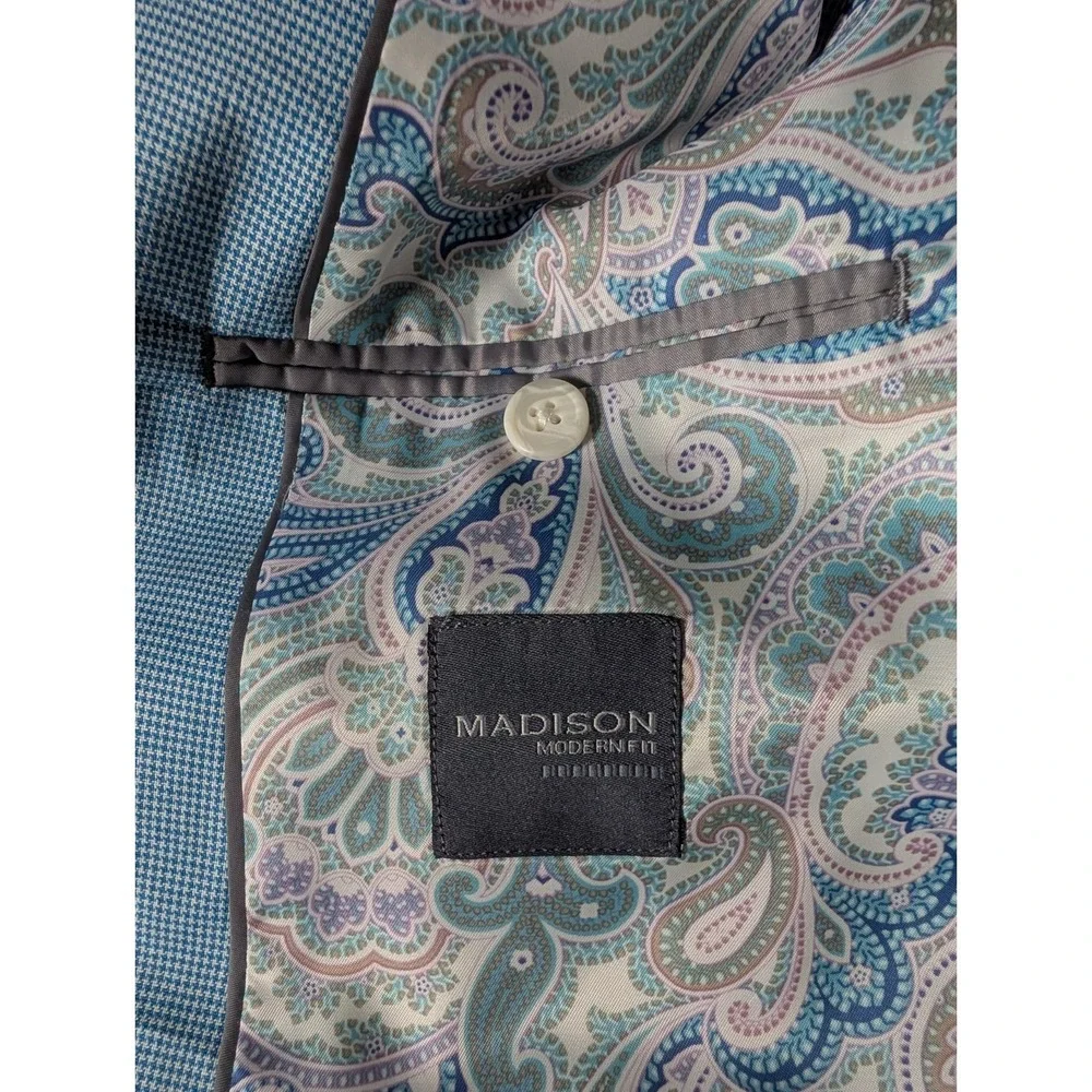 Madison Mens Modern Fit Blue Gingham Suit Jacket 38R Preppy Cotton Summer Lined